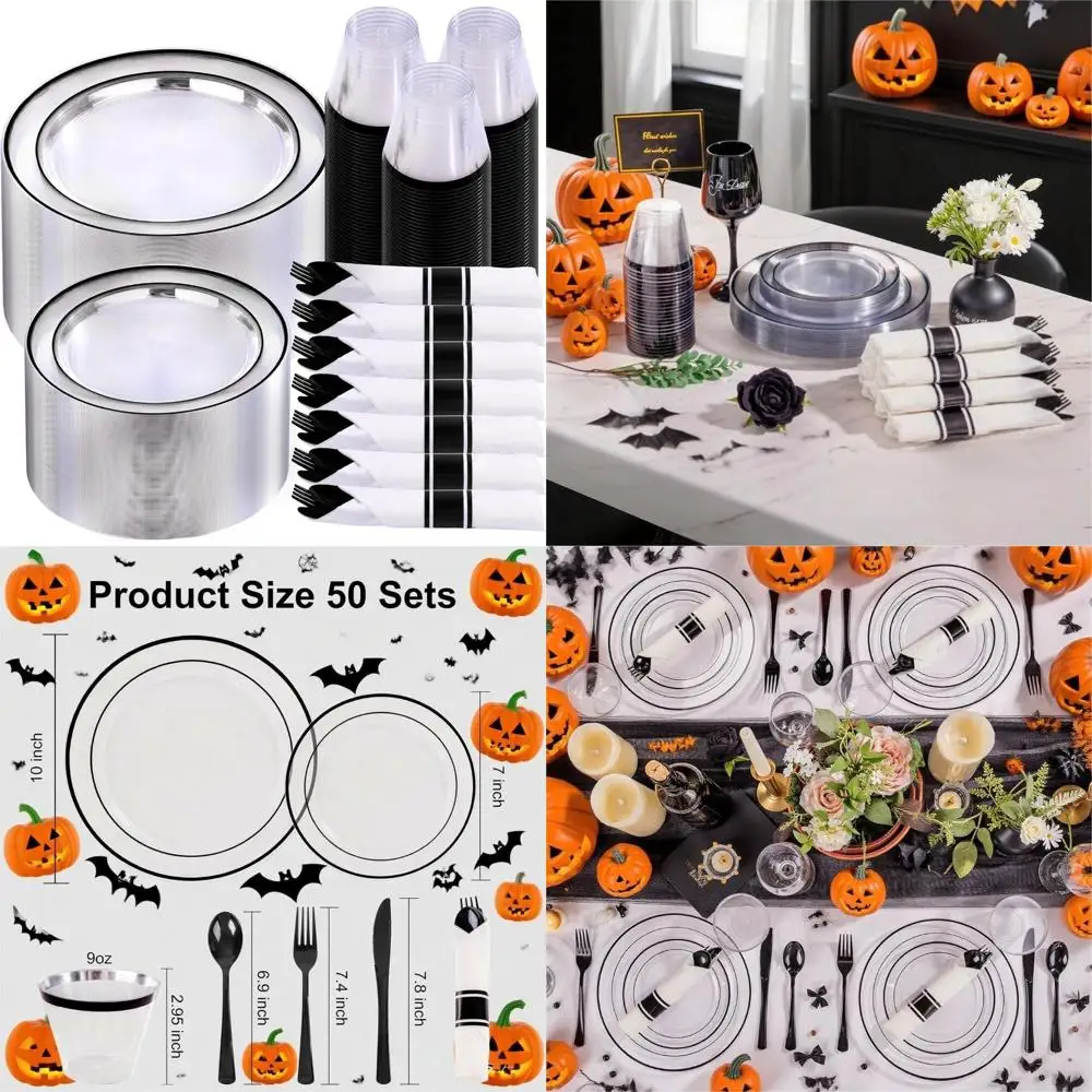 

Black Plastic Dinnerware Set for 50 with 50 Plates, 50 Dessert Plates, and 50 Napkins - Ideal for Large Gatherings and Outdoor E