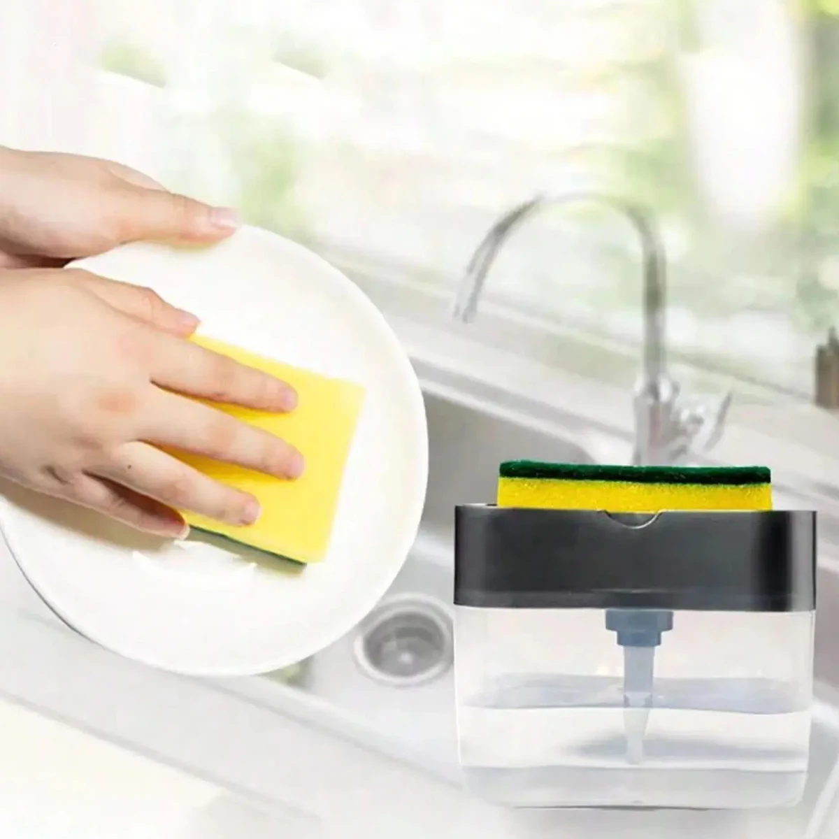 Press Soap Dispenser Box Scrubbing Liquid Container Kitchen Bathroom Automatic Detergent Foam Delivery Box with Sponge Holder