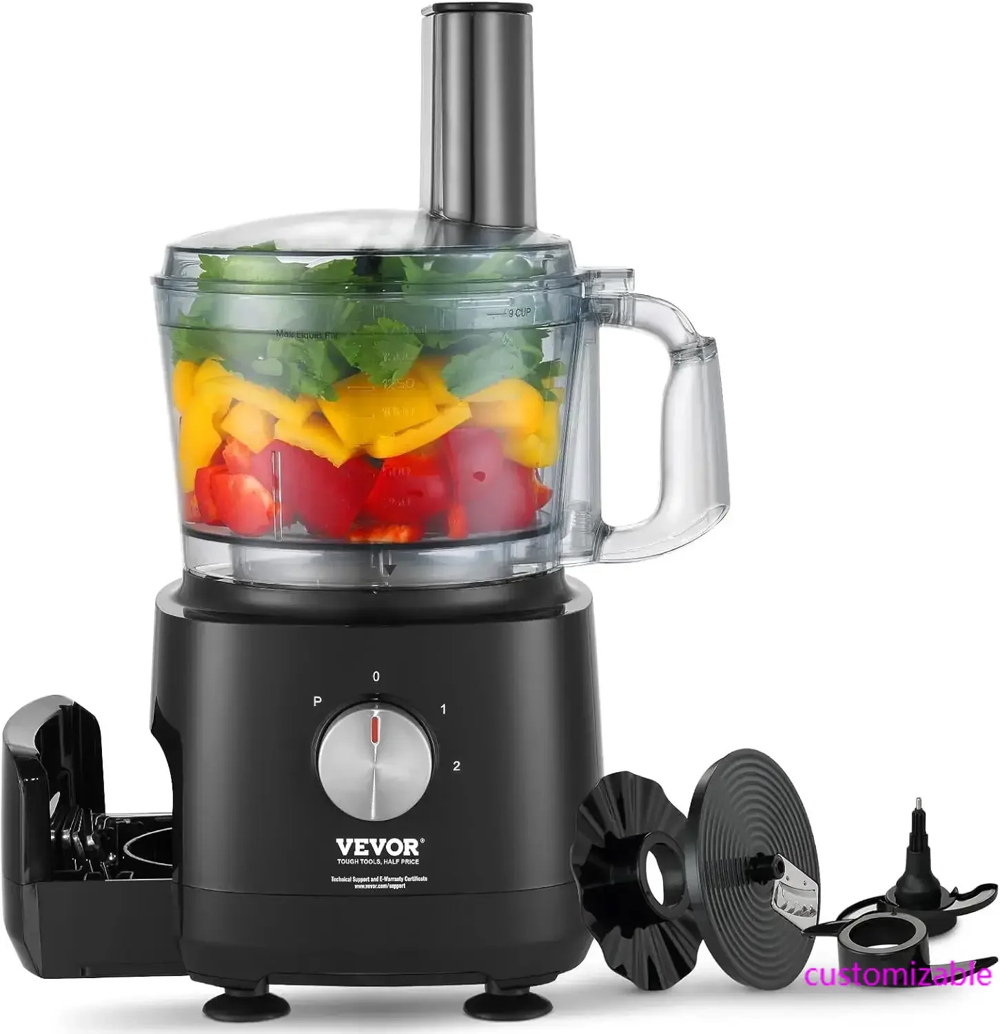 

Food Processor, 9-Cup Small Vegetable Chopper, 600W Dual-Speed Electric Meat Processor, 10 Blades & Discs, Built-in Blade