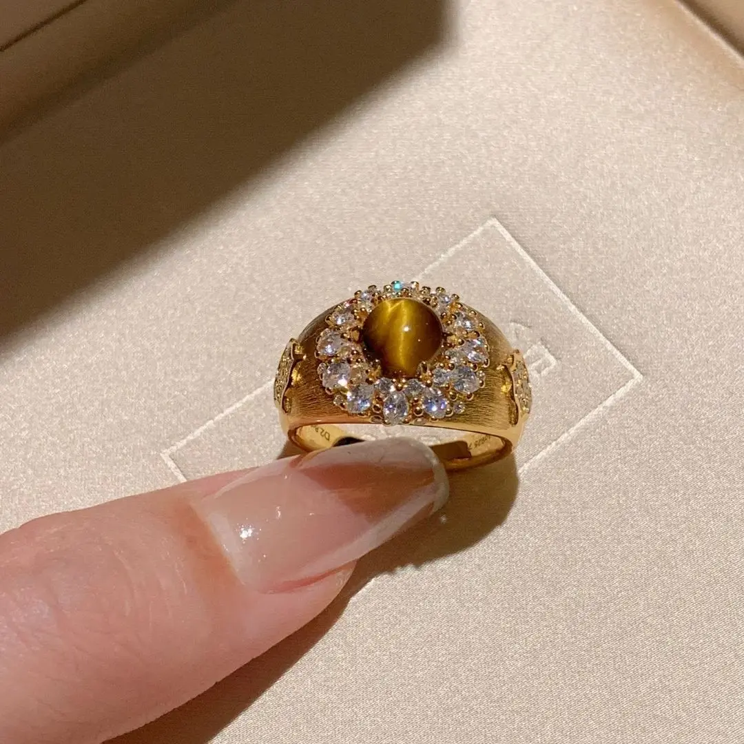 Vintage Brushed Mellow Natural Copper Tiger Eye Stone Oval Gemstone Ring Trendy Unisex Light Luxury High-end Overlapping Super
