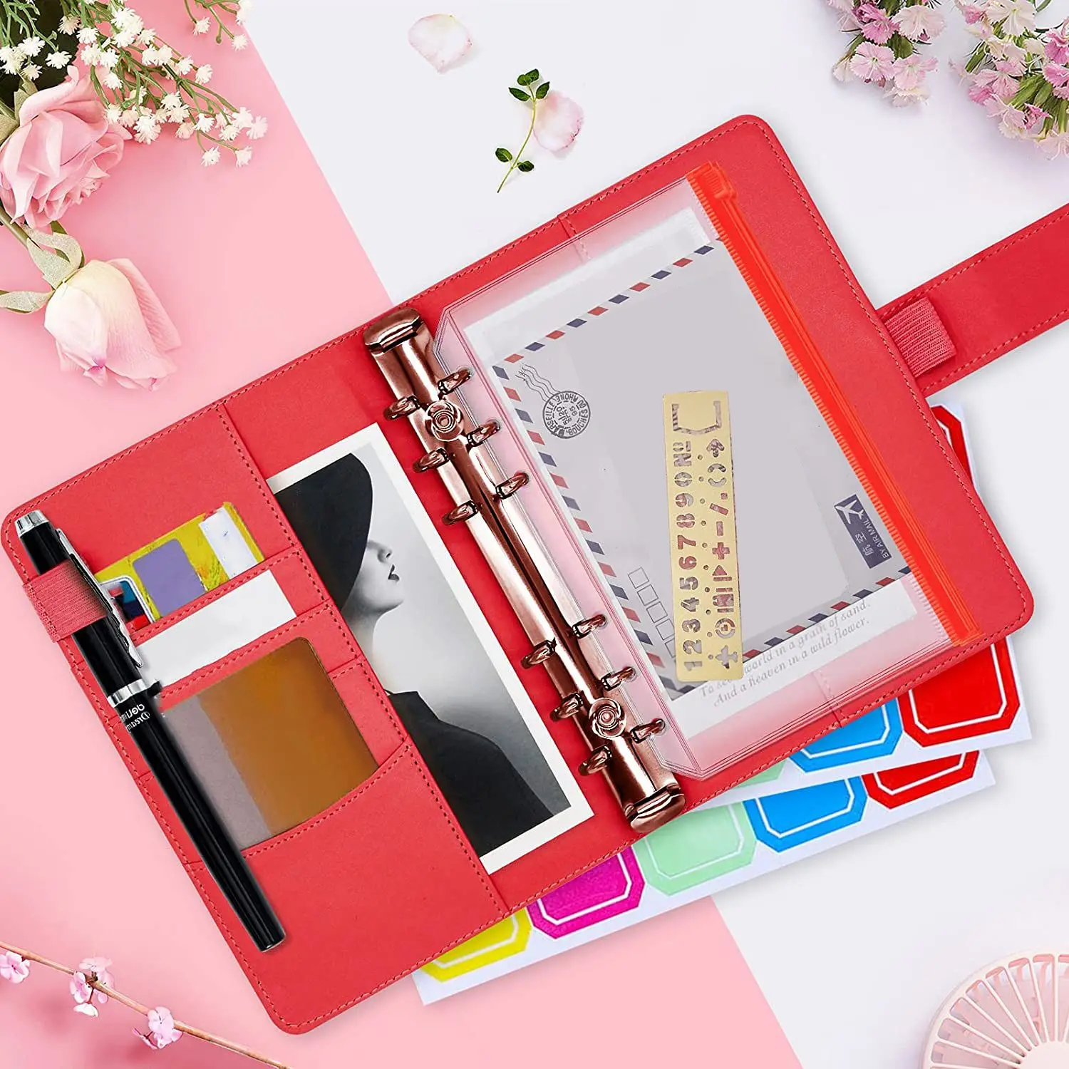 13Pcs A6 PU Leather Notebook Budget Binder Set, with 10 Binder Pockets, 6-Ring Budget Binder Cover, Card Storage Red