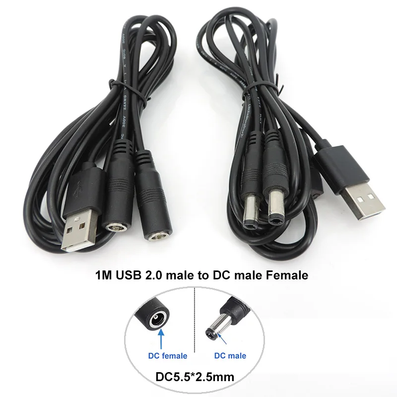 1M USB 2.0 męski na 2-drożny DC męski żeński Zasilacz Rozgałęźnik Złącze Wtyczka kabla Adapter przewodu 22awg 3A A07
