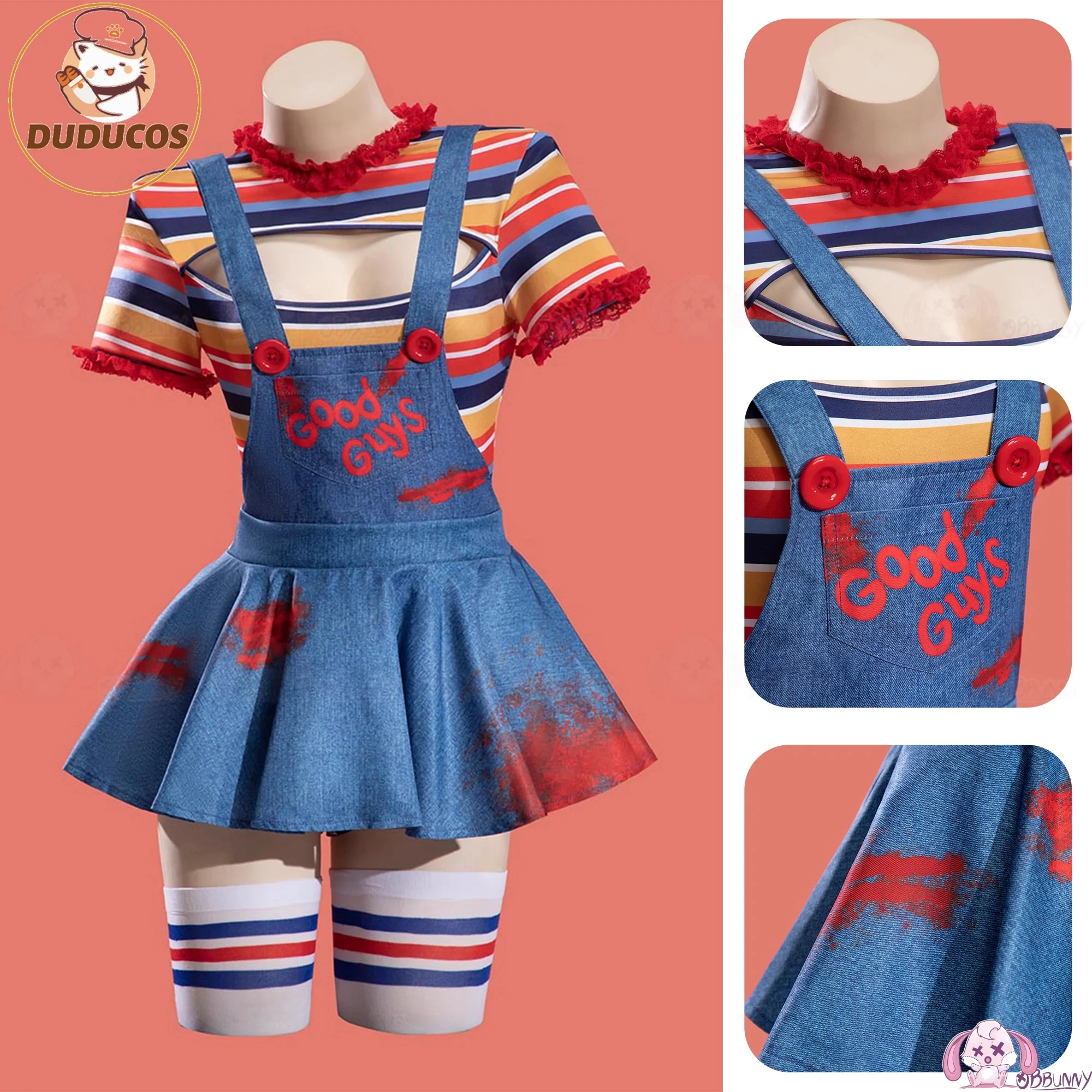 

chucky Cosplay Costume Halloween Christmas Role Playing Party Comic Women size S-XL Play Striped overalls Newly