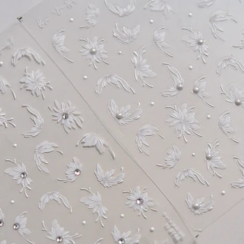 순백색 달리아 꽃 반짝이는 라인스톤, 섬세한 부드러운 진주, 3D 자체 접착 네일 아트 장식 스티커, 매니큐어 데칼 