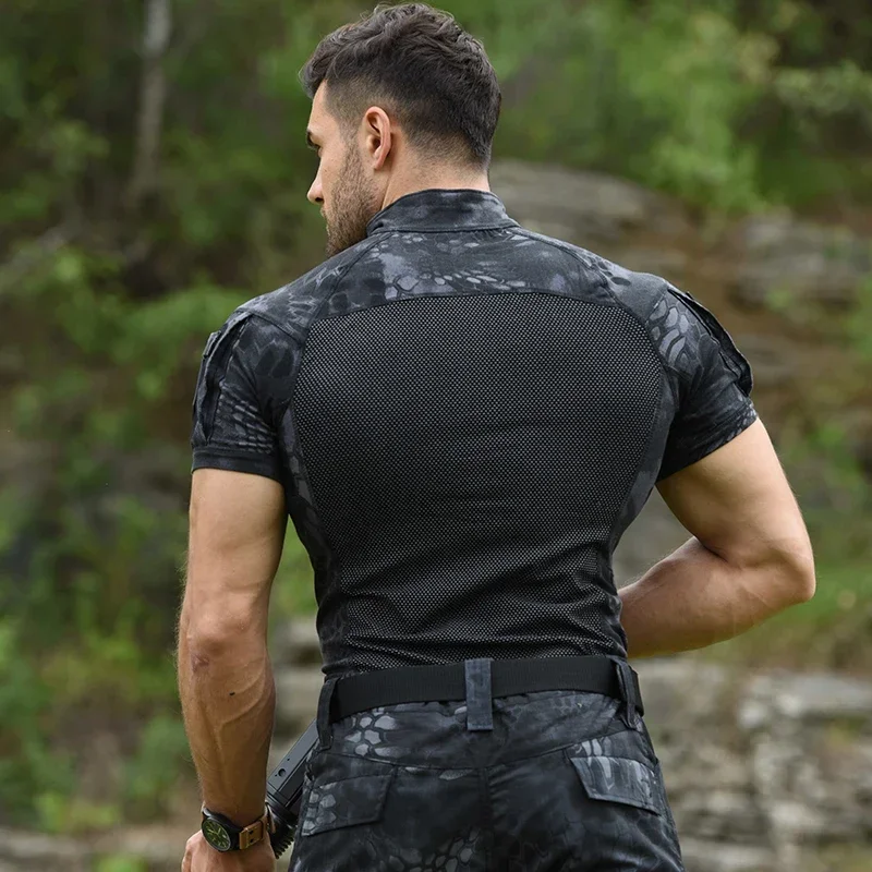 Outdoor Men Summer T-Shirt Airsoft Tactical Shirts Elastic Combat Short Sleeve Camo Cotton Tee Paintball Hiking Climb Clothes