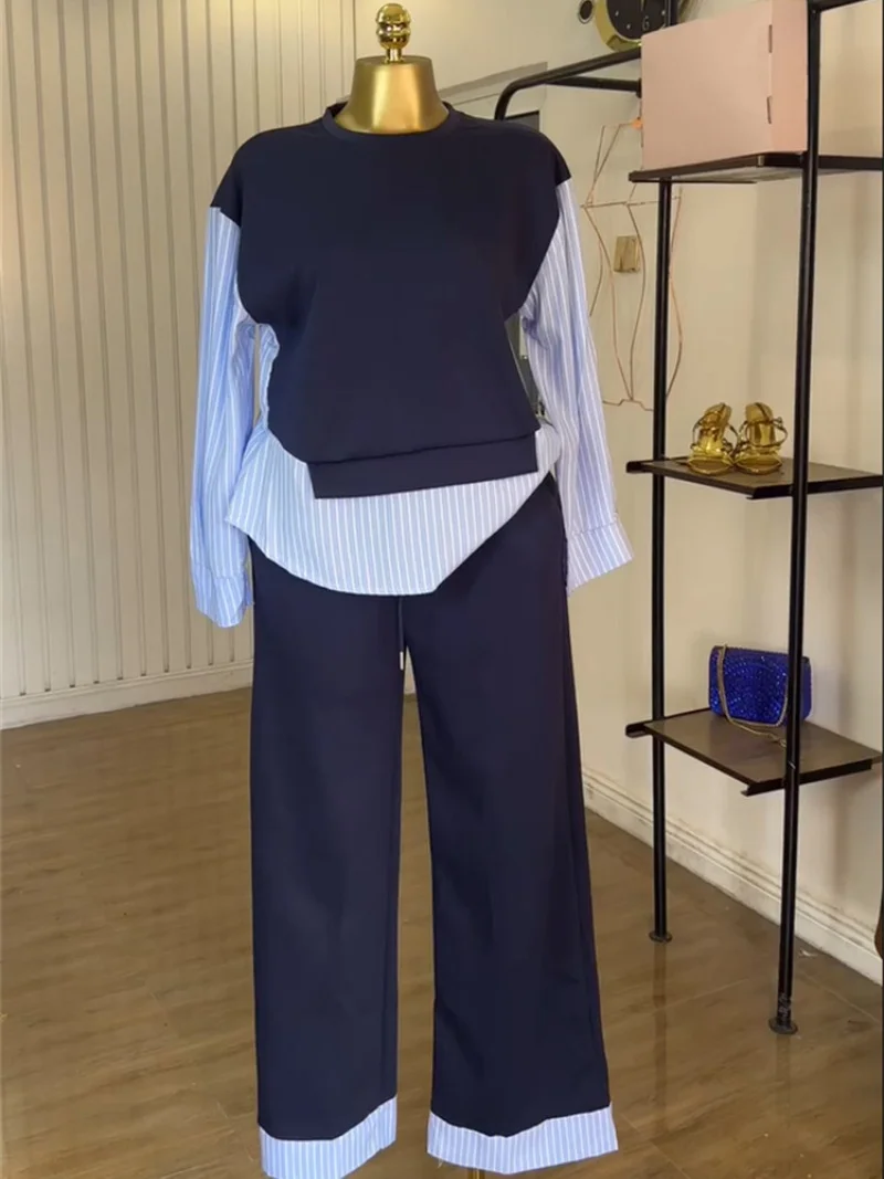 

Уличная одежда в полоску в стиле пэчворк, комплекты из 2 предметов, женский наряд, осенняя одежда, женский свитшот с длинными рукавами, комплекты из топа и брюк, спортивные костюмы