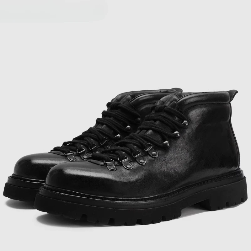 Italian Craftsmanship Design Horse Leather Shoes for Men's Horsehide Hand Sewn High Top Shoes British Height Increasing Shoes