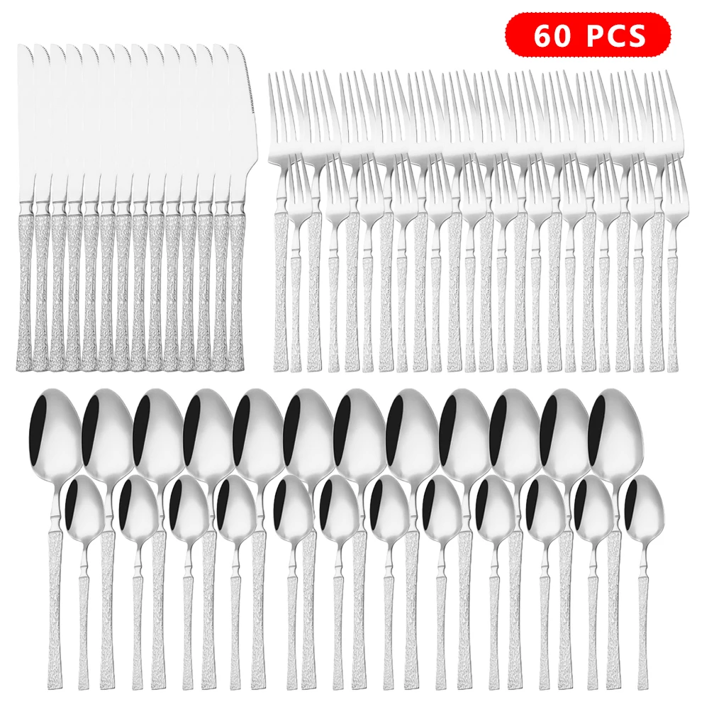 

40/60pcs Tableware Stainless Steel Cutlery Set Hammer Pattern Handle Dinnerware Knife Fork Coffee Spoon Flatware Dishwasher Safe