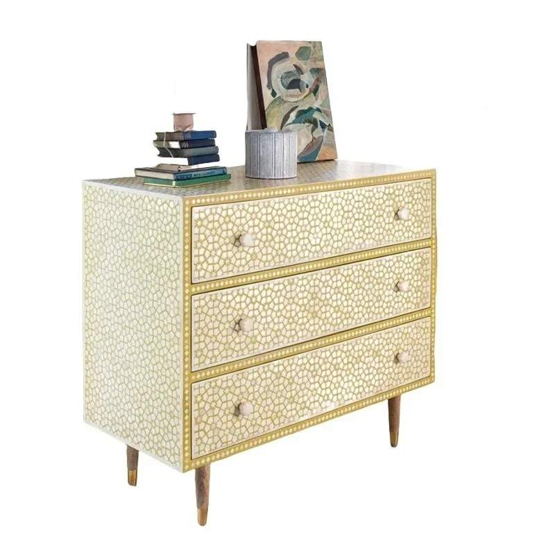 A  French 1retro hand-painted three-bucket cabinet American simple living room side cabinet multi-drawer locker