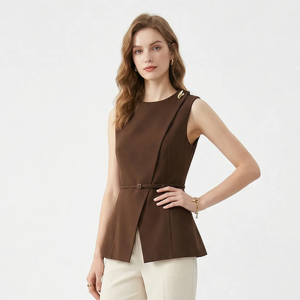 Women's Brown Sleeveless Vest Top Round Neck Asymmetric Wrap Belted Waist Blouse with Gold Decor Elegant Office Workwear