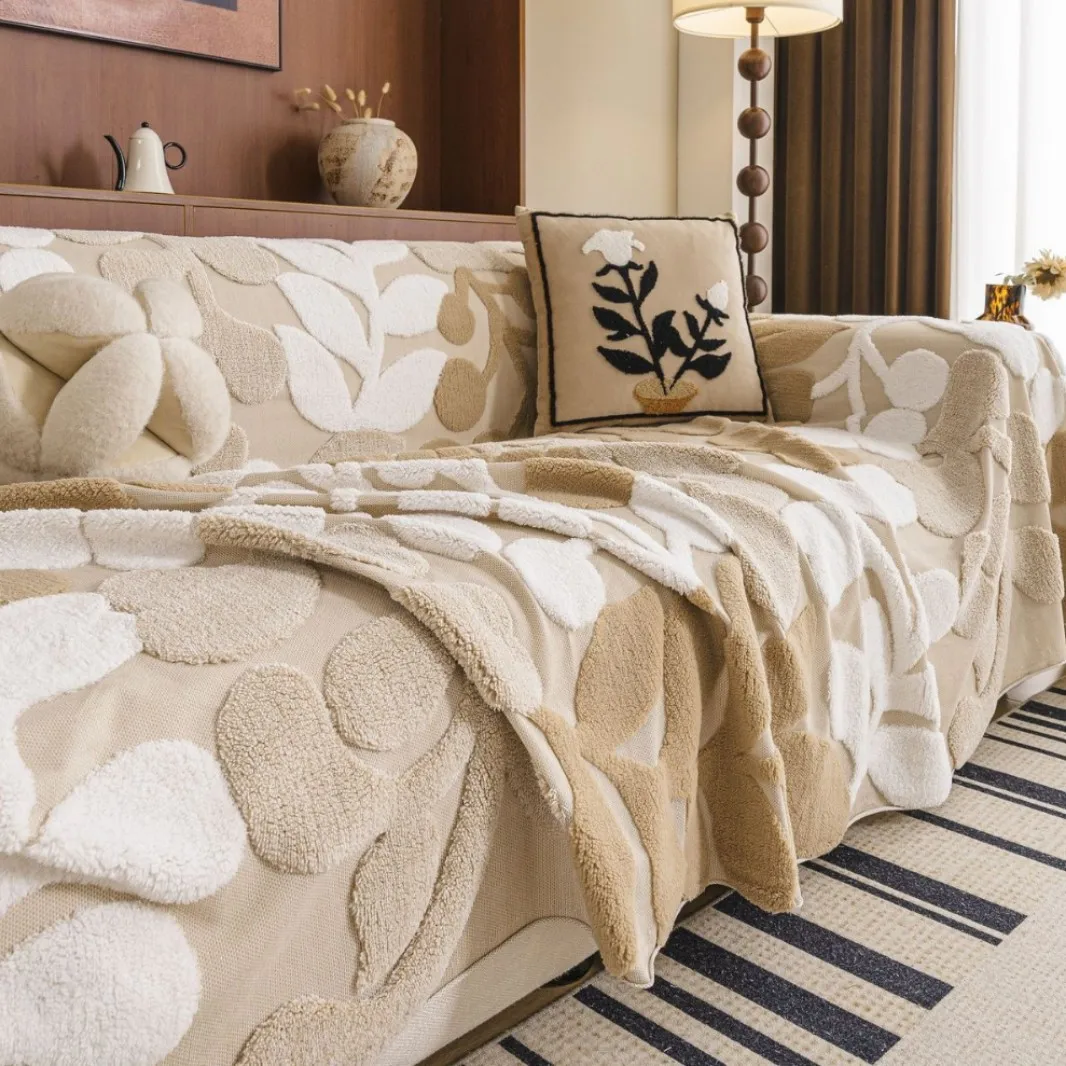 Plush Chenille Sofa Throw Blanket Jacquard All Season Two-Tone Tassel Couch Slipcover Dense Wear-Resistant Decor