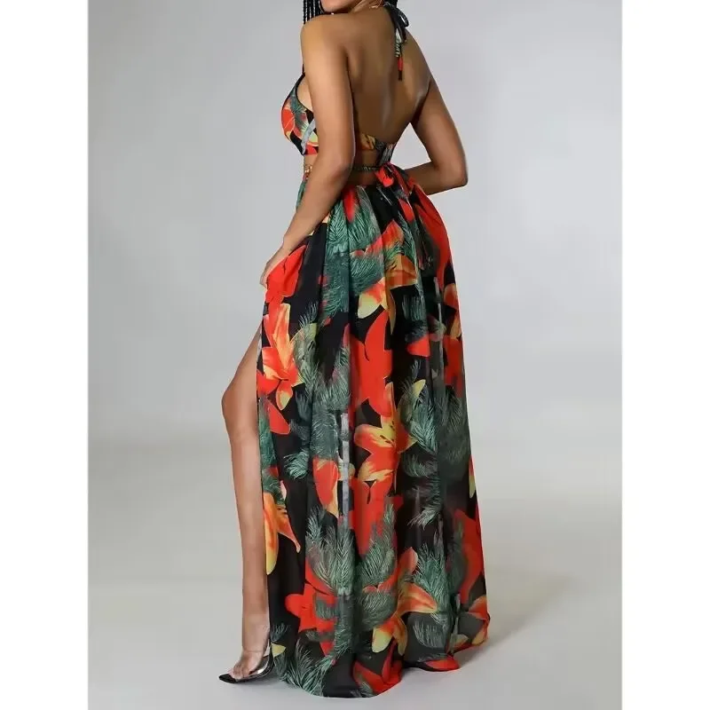 Abito vintage da donna con bretelle con spacco laterale senza schienale Y2K stampato lungo da vacanza abito sexy con cinturino con scollo a V e lacci senza schienale