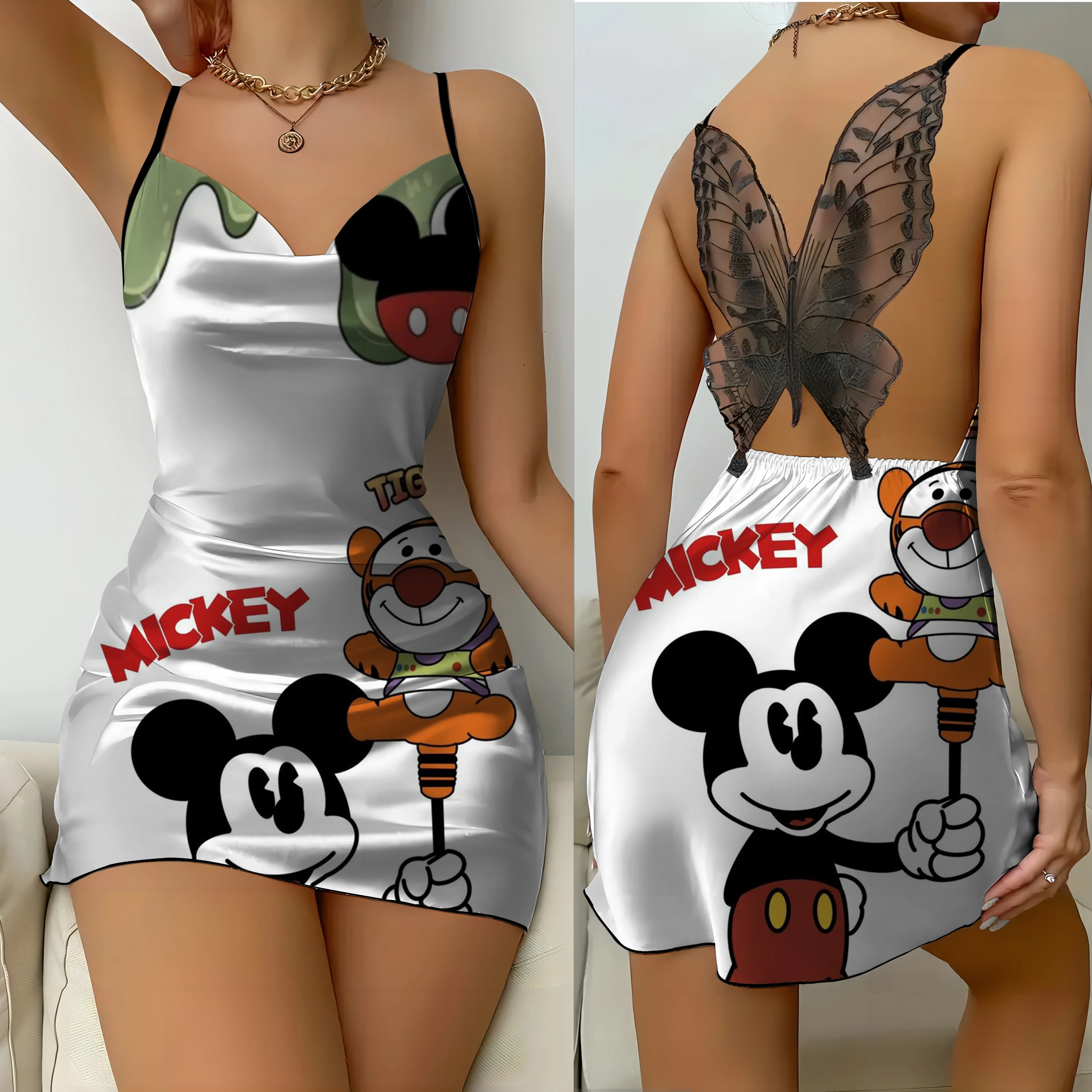 Abito senza schienale fiocco nodo Disney pigiama gonna moda abiti estivi 2024 superficie satinata Minnie Mouse Mickey Womens Party Mini Sexy