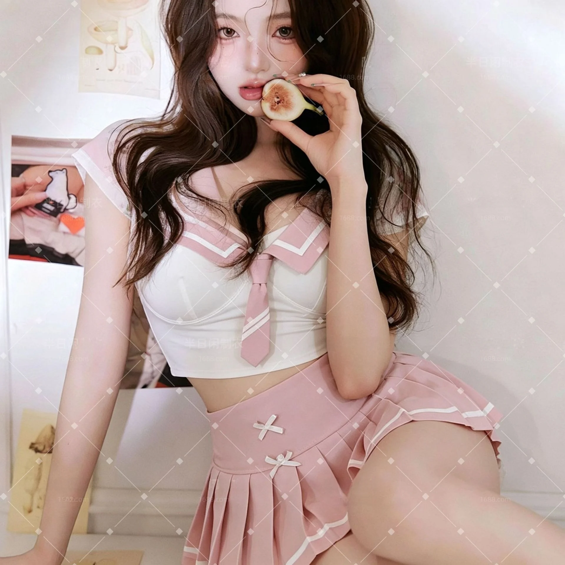 Bianrixiang Sweet First Love Soft Pink Black Double Color Sailor Suit Set Waist Cinching Short Top Pleated Skirt