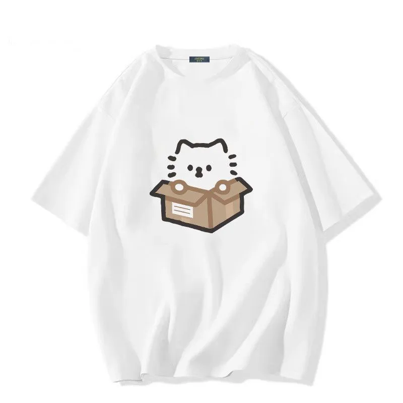 Cotton Japanese Cute Cat Printed Short Sleeve T-shirt Summer 2024 New Loose Half Sleeve Top