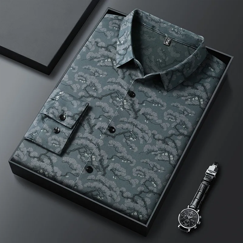 Men Dress Shirts With Fleece Keep Warm Winter Anti Wrinkle Seamless Top High End Business Long Sleeve No Iron Casual Print Shirt