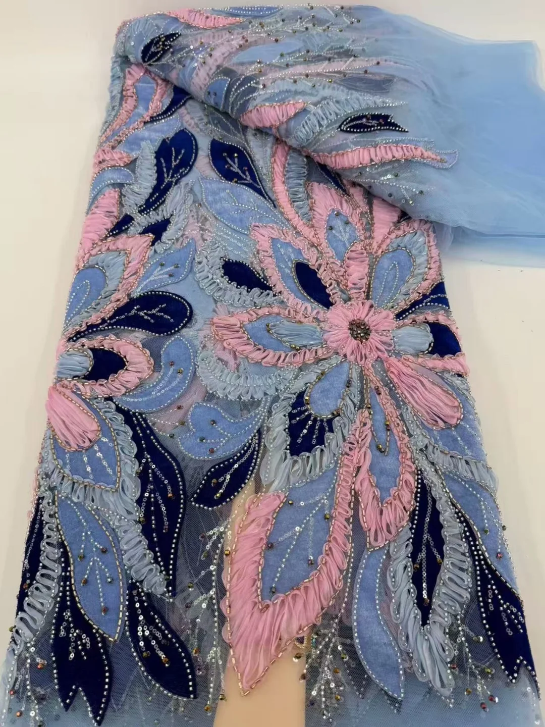 SKIG Luxury 5 Yards African Velvet Lace Fabric Beaded Tulle Embroidered Nigerian Wedding Dress Fabric Sew  AT3201-A1