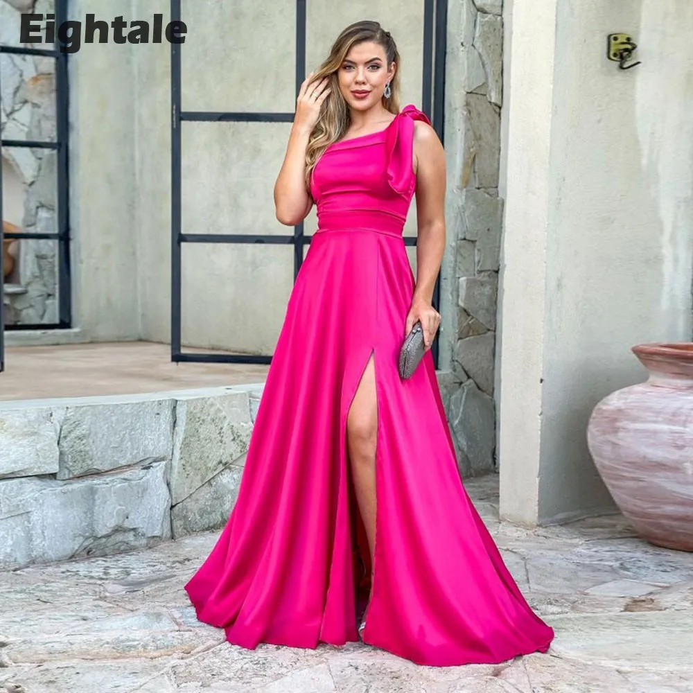 

Eightale New Evening dresses Simple Floor Length A-Line Satin One Shoulder Fushcia Prom Party Gown Robe De Soirée