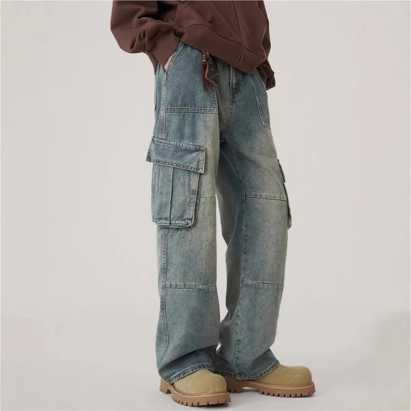 Men's Multi Pocket Wide Leg Jeans American Retro Workwear Pants Straight Leg Spliced Denim Trousers Casual Streetwear Pants