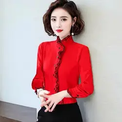 Ruffled Neck Loose Long Sleeve Women's Clothing Shirt Oversized Casual Commute Solid ColorTops 2022 Spring New Woman Blouses