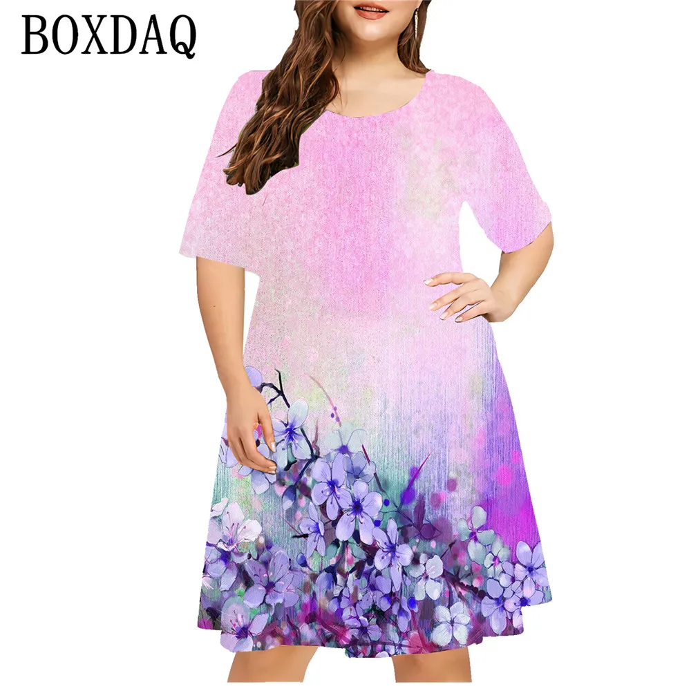 Letnie Tie Dye sukienka w kwiaty kobiet kwiatowy nadruk 3D sukienka z krótkim rękawem luźna Plus Size damska casualowa sukienka z okrągłym dekoltem