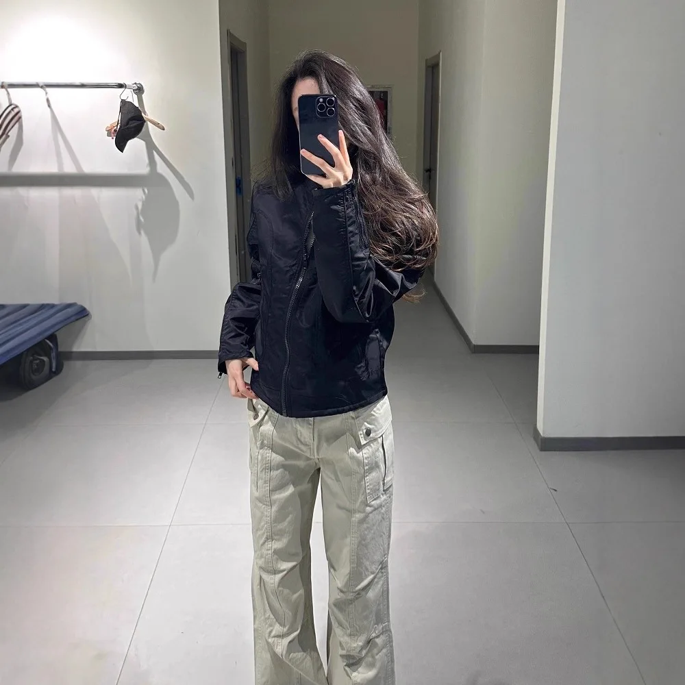 American retro casual short zipper jacket for men and women spring and autumn stand-up collar cleanfit black flight jacket top