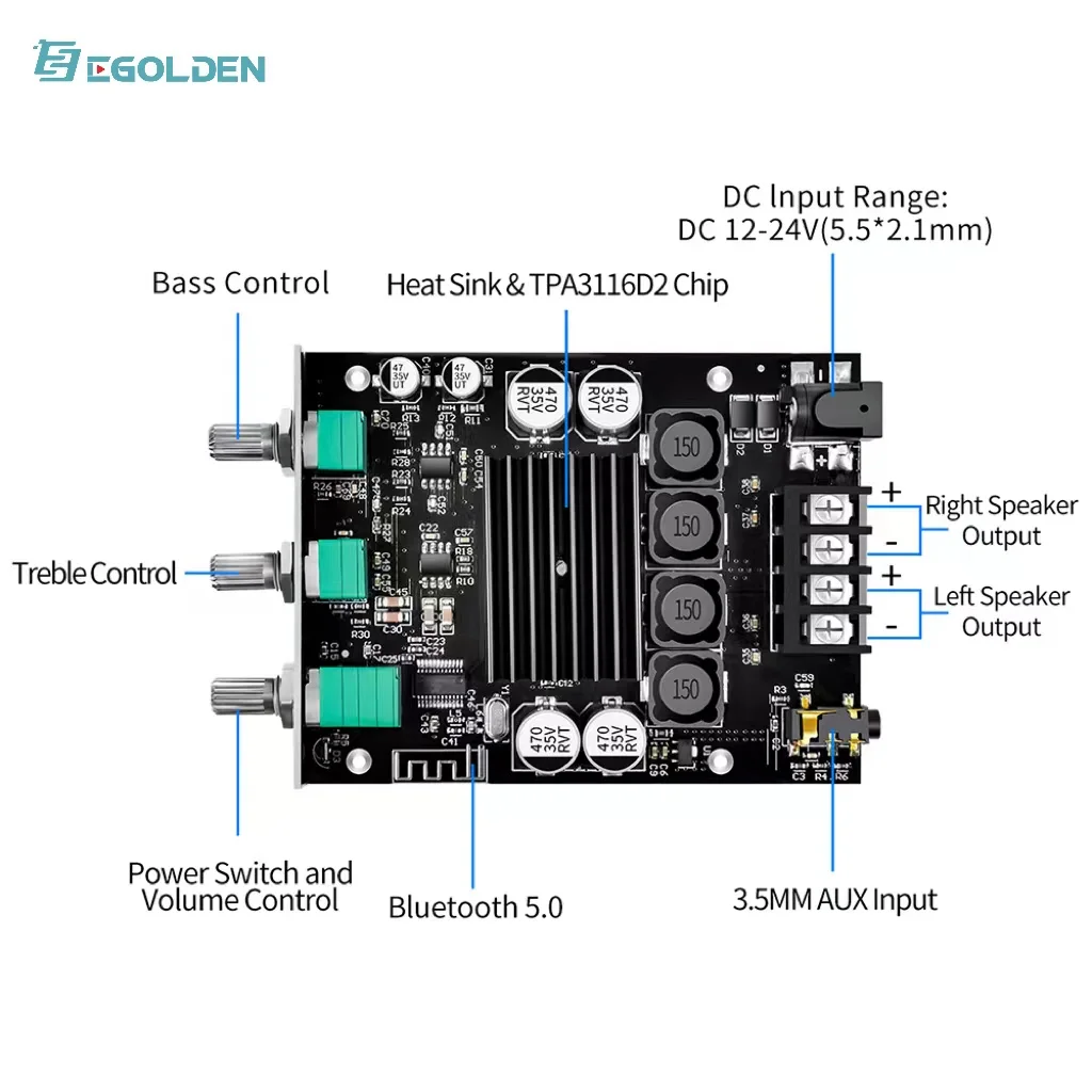 EGOLDEN ZK-1002T 100W * 2 tweeter/bass adjustment Bluetooth 5.0 audio amplifier board module subwoofer dual channel stereo