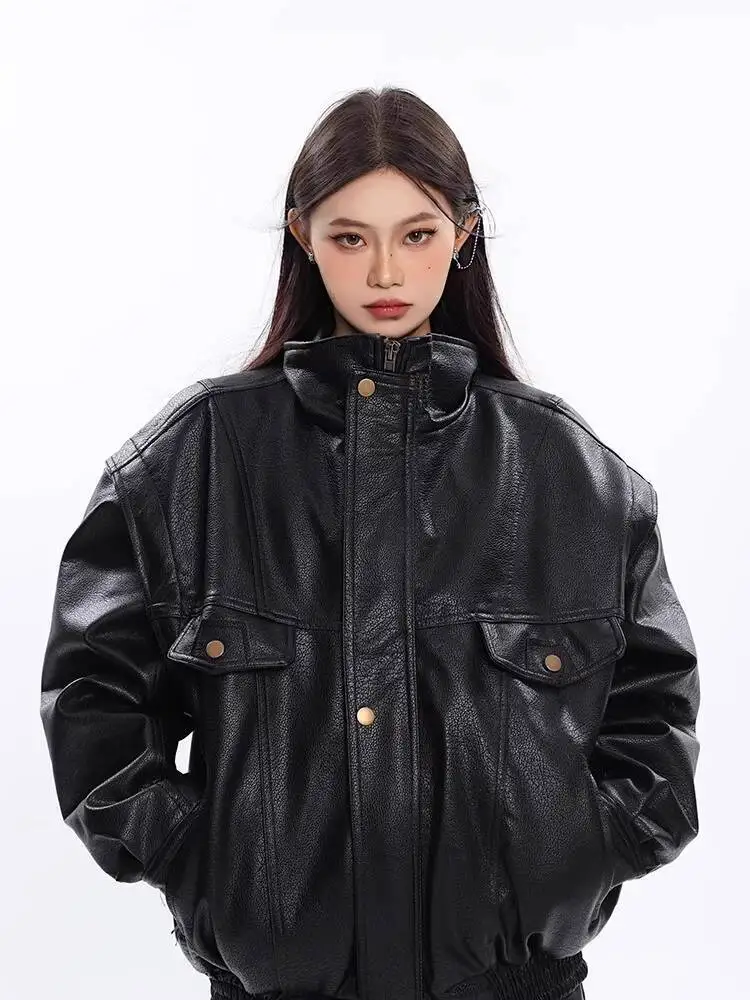 

Unisex Leather Jacket 2025 Autumn Winter Retro PU Leather Jacket Unisex Streetwear Bomber Coat Moto Jacket With Cotton Lining