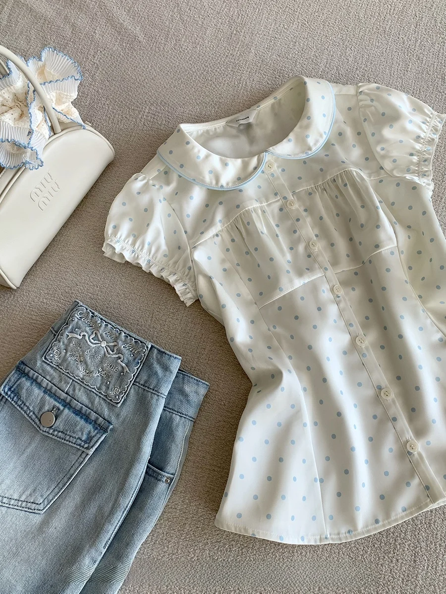 

CallmeEar Polka Dot Dance Short Sleeve Satin Shirt Women's Spring Summer Slimming Waist Cinched Doll Collar Top Casual Style