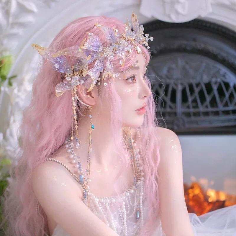 Fascia per capelli in cristallo fatta a mano della dea Corona di sirena Tiara Orecchini Ornamenti per capelli da elfo Copricapo Accessori per costumi cinesi retrò