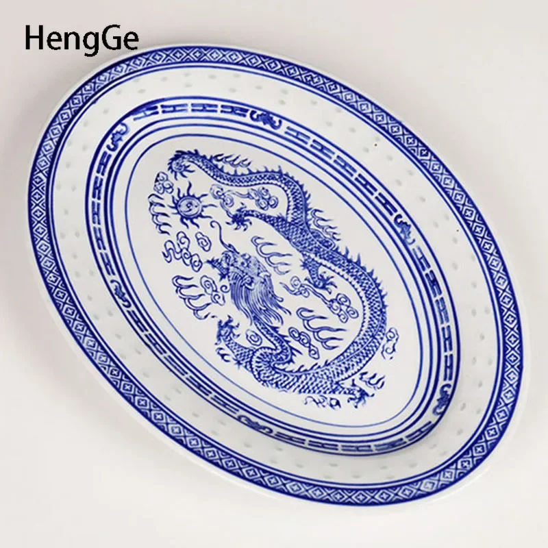 Retro Chinese Ceramic Plate Rectangular Steamed Fish Plate Blue and White Porcelain Salad Steak Flat Plates Household Tableware