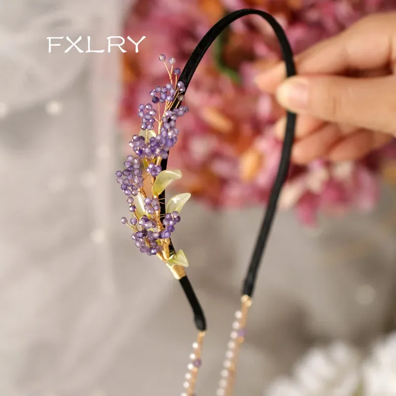 FXLRY Handmade Freshwater Pearl Lavender Tassel Flower Fashion Headband, Vintage Press Hairpin Headdress Female Fashion Hair