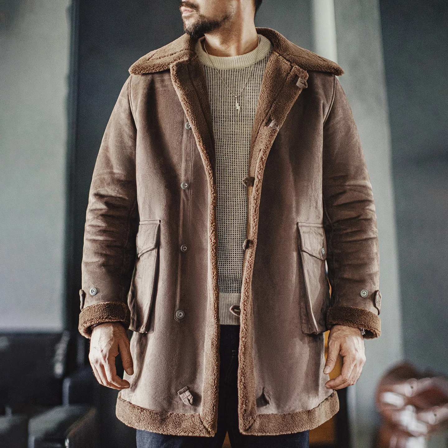 Maden Men’s Retro B7 Suede-Fleece Parka Mid-Length Faux Shearling Warm Coat Single-Breasted Thickened Jacket for Fall Winter