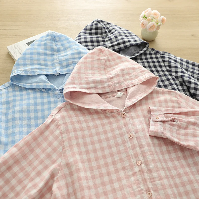 

Autumn women clothing cotton yarn pink black blue plaid hooded shirts and blouses for women Japanese hoodies jacket