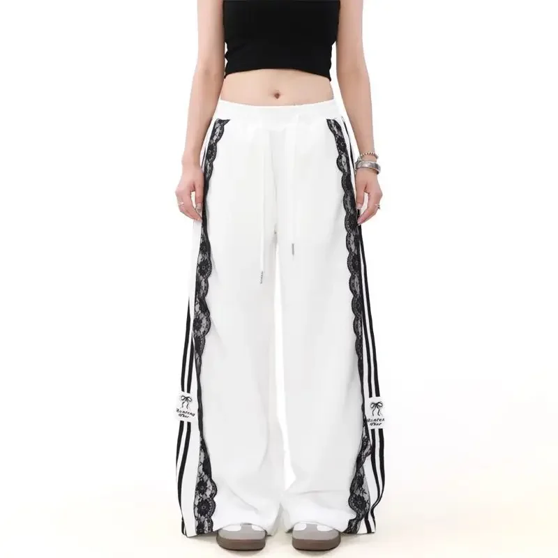 

Deeptown Y2k Lace Patchwork Sweet Women Pants White Vintage Striped Wide Leg Korean Fashion Trousers Harajuku Baggy Aesthetic