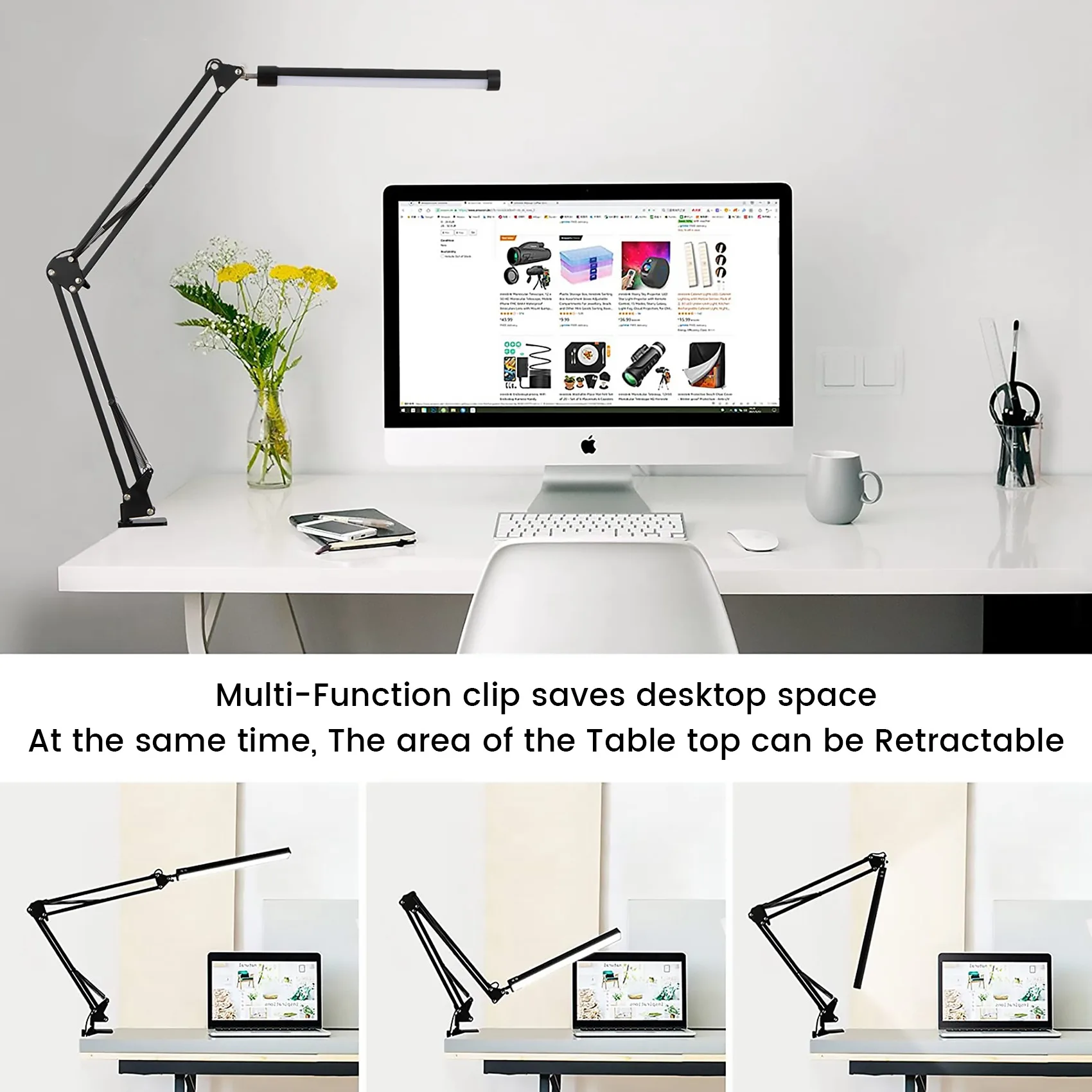 클램프가 있는 M04K LED 책상 램프, 조절 가능한 스윙 암 책상 램프, 학습/독서/사무실/작업용 현대 건축가 테이블 램프(검은색)
