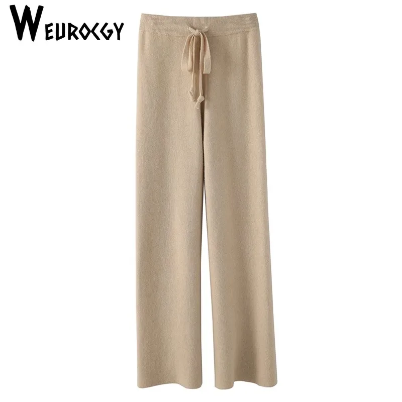 

High Waist Drawstring Women Pants 2023 Autumn Winter Fashion Versatile Loose Straight Pant Vintage Casual Knitted Wide Leg Pants