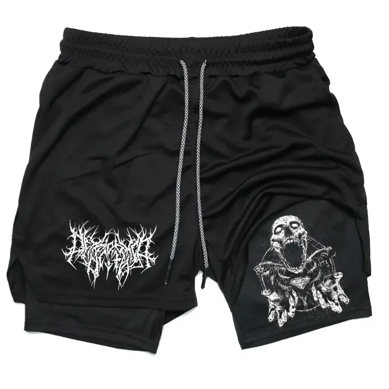 Workout Y2K Performance for Men Quick-drying Fitness Skull Double Layer Short Training Running Bodybuilding Sportwear Activewear