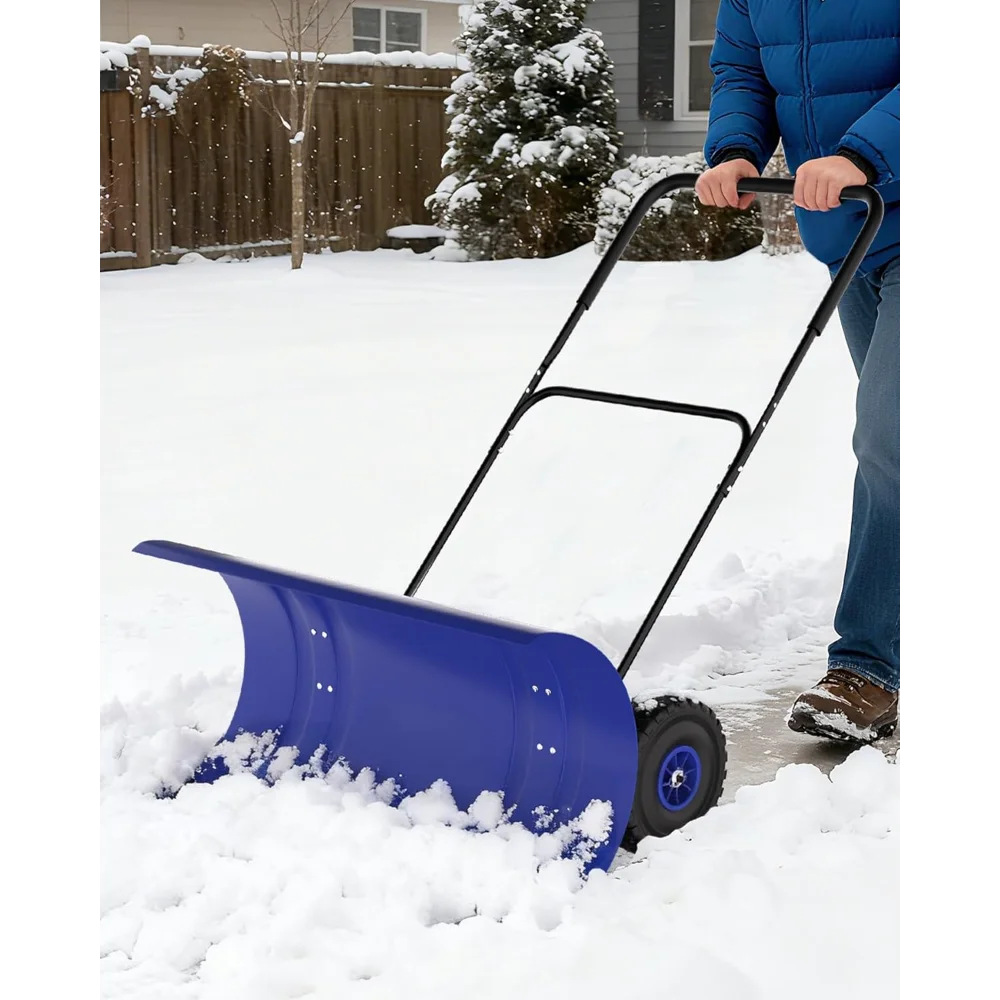 

29" Heavy Duty Steel Snow Shovel with Wheels, Adjustable Handle & Blade for Driveways