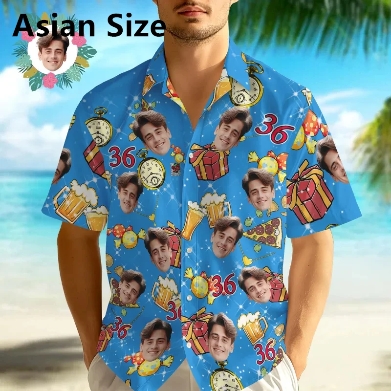 Custom Face Age Birthday Hawaiian Shirts For Men Personalization Short Sleeve 3D Printed Blouse Gift Party Casual Father Shirt