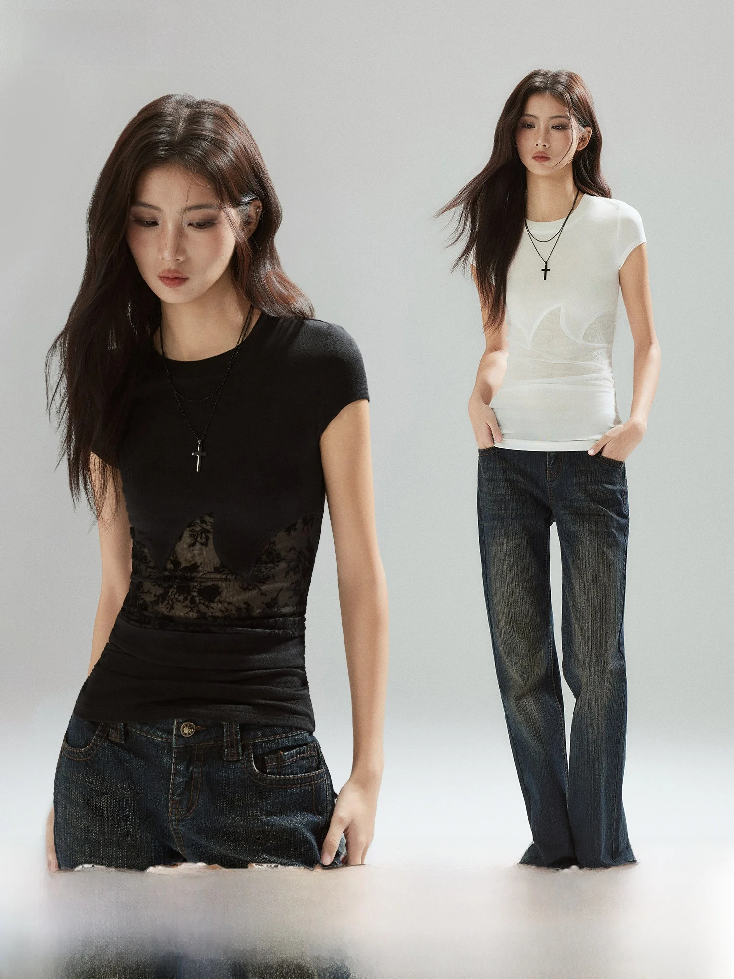 

Low Pixel Two-tone ort Sve T-irt Irregular Lace Hollow out Slim Fit Lyocell Top Street Sle Spring Faion for Girls