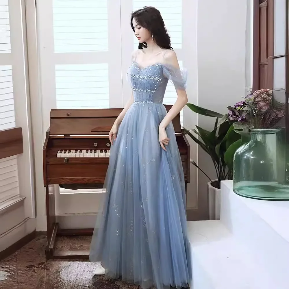 Blue suspender evening dress sequins to celebrate the dress for adults as a birthday party graduation ceremony dresses