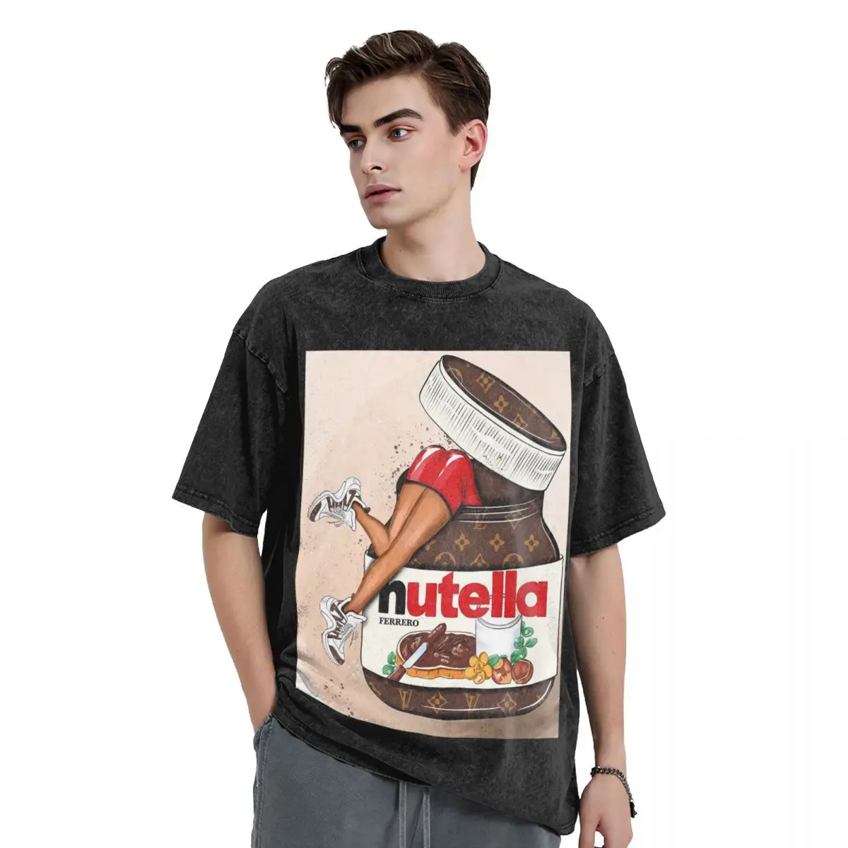 Nutella Cutie Washed T Shirts Oversized Short Sleeve Hip Hop T-Shirt Streetwear Tops Tees for Men Women