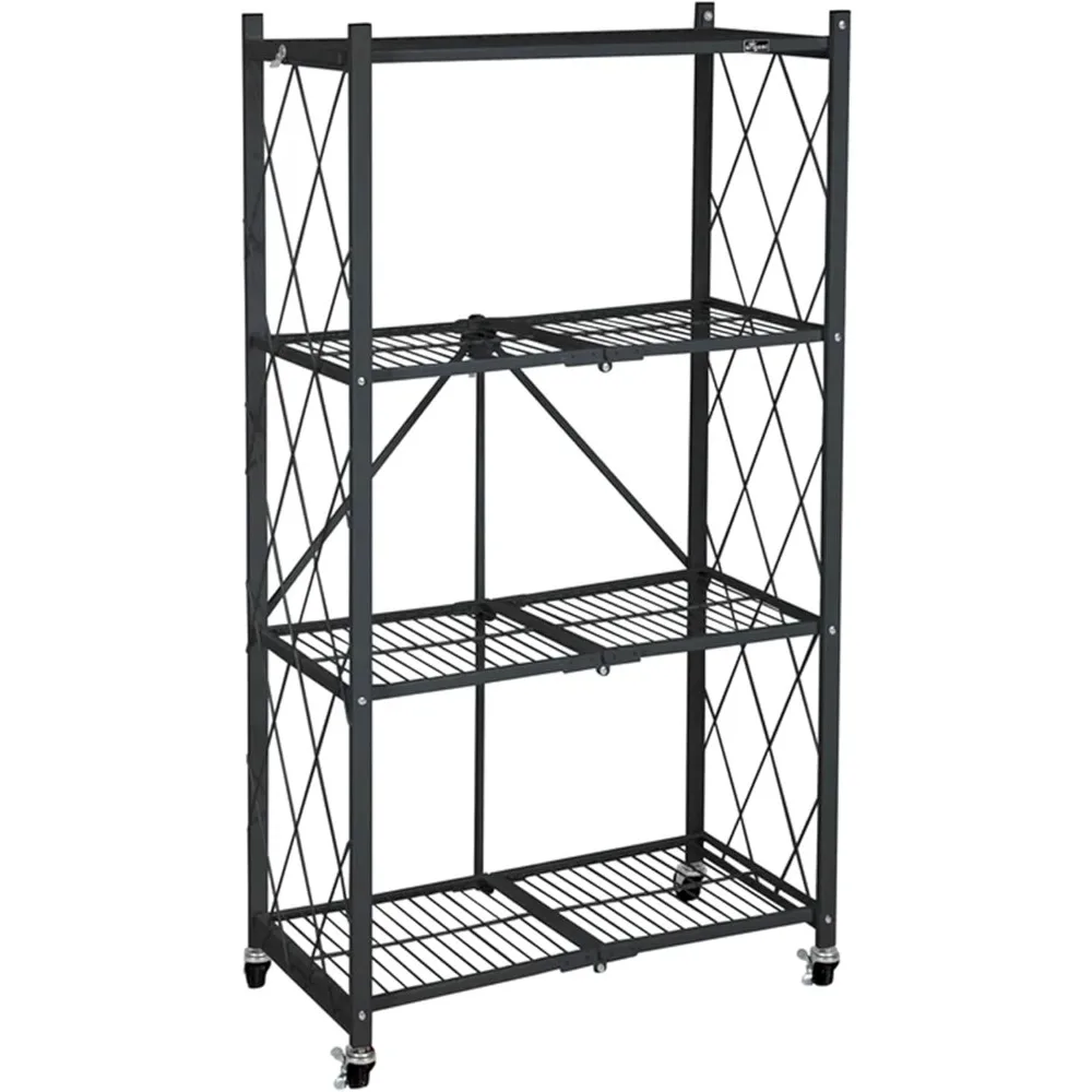 4 Tier Folding Shelf Garage Shelves Heavy Duty Shelving with Wheels and Powder Coated Finish for Garage, Storage Rack, a