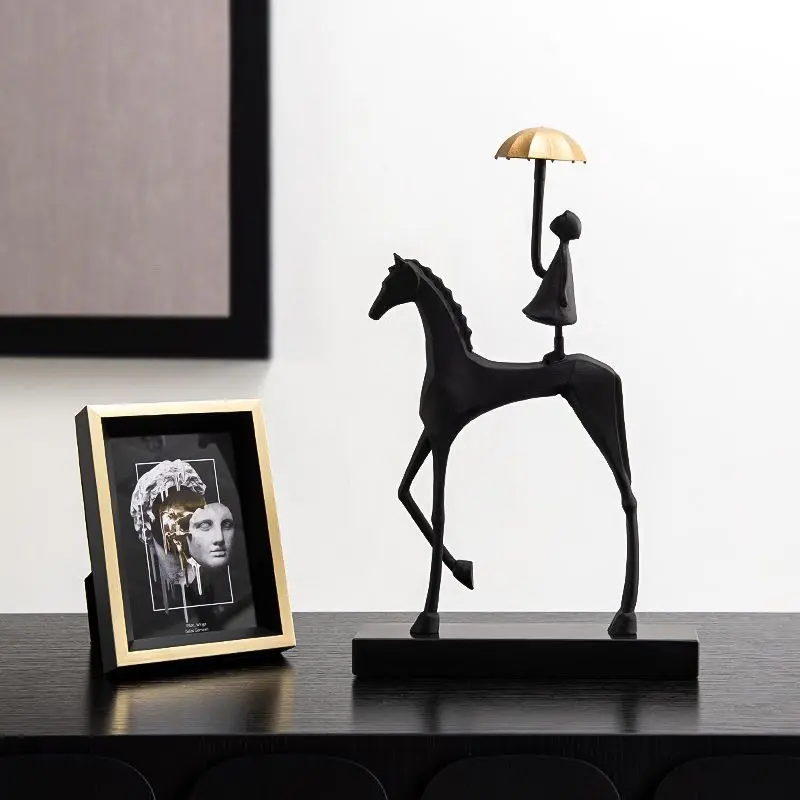 Creative Abstract Man Holding Umbrella on Horse Statue Living Room Entryway TV Cabinet Home Decoration Craft
