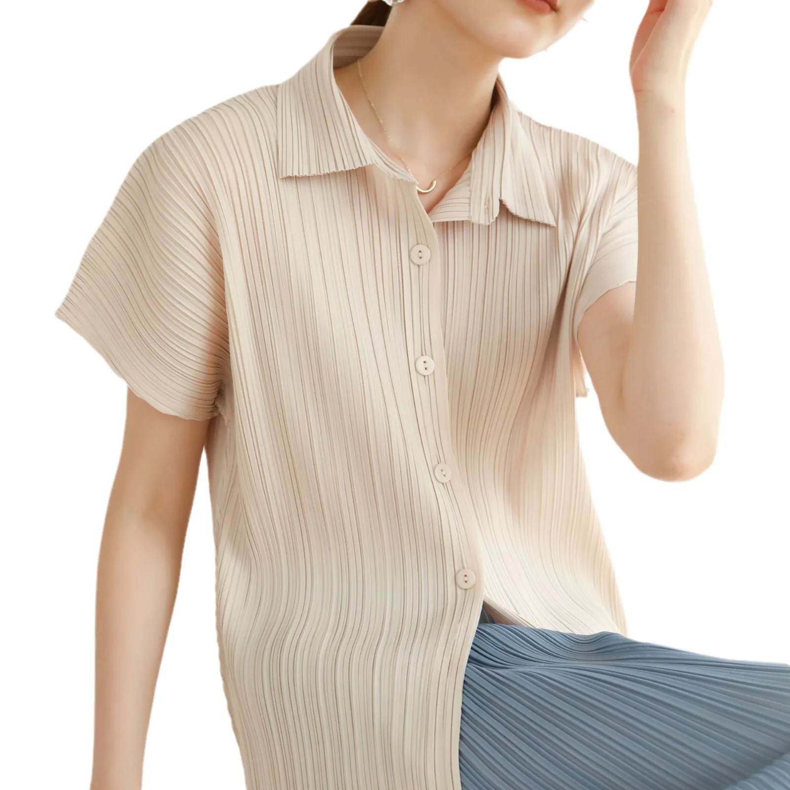 2025 Spring and Summer New Miyake Pleated Small Shirt Casual Pleats Loose Pleated Loose Comfortable Fashion Short Sleeve Shirt