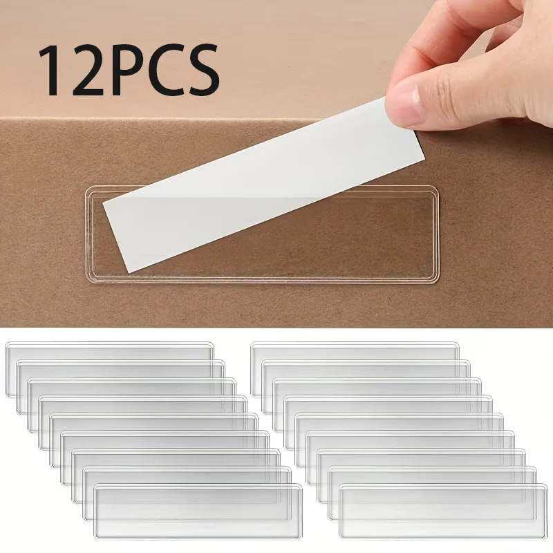 12Pcs Transparent Self‑Adhesive Shelf Label Holders, Sticky Tag Pockets for Bookshelf Storage & Organization