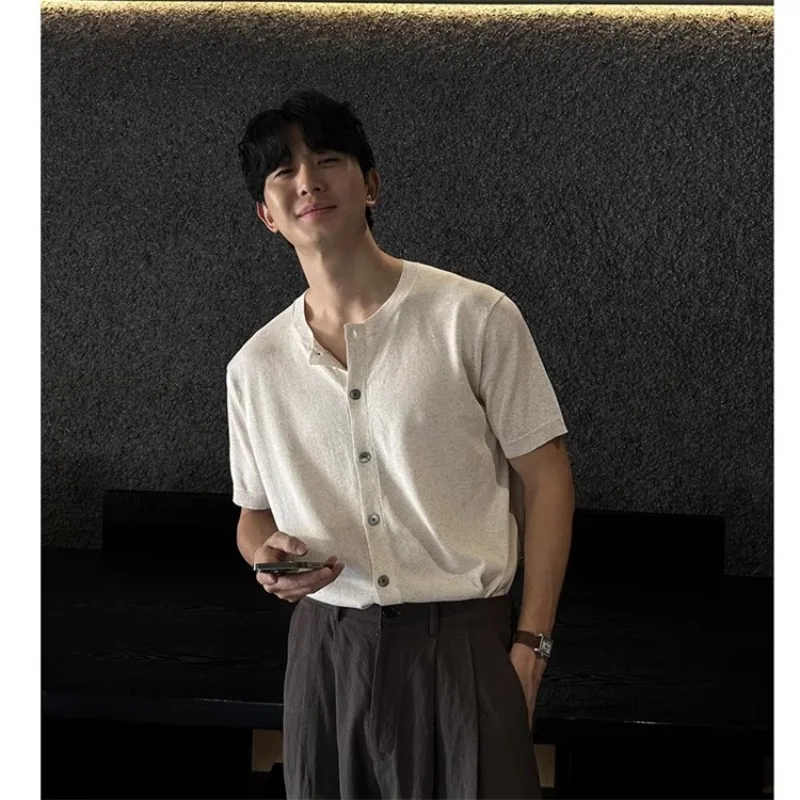 

Men's T-shirt summer outdoor casual comfortable T-shirt men's short sleeved high-end loose lazy style cardigan knitted T-shirt