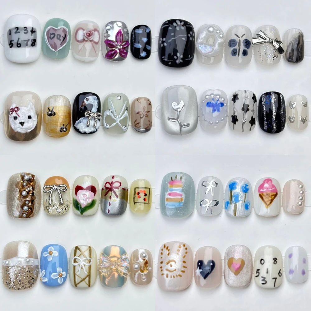 

10Pcs Cute Short Square Round Handmade Press On Nail Kawaii Bowknot Flowers Diamond Sequins Wearable False Nail Birthday Gift