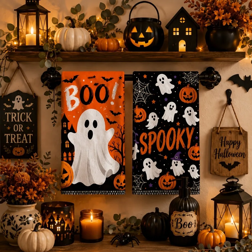 2PCS Ultra-Fine Fiber Halloween Kitchen Towel Quick Drying Absorbent Hand Towel Rectangle Soft Kitchen Dishcloth Bathroom